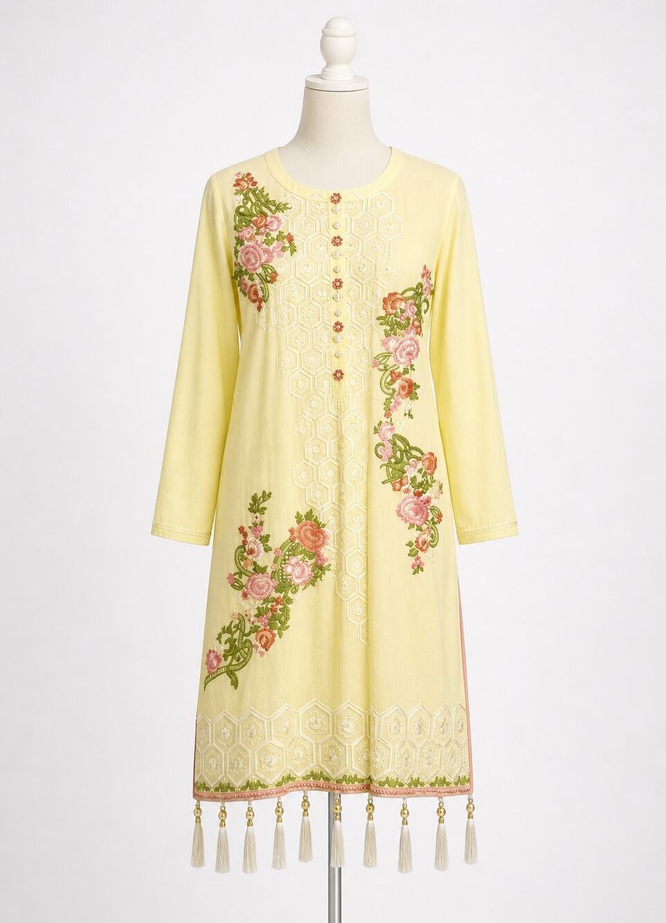 Bend the Trend | Yellow Tunic Blouse Long Sleeve Top Beads Embroidery Tassels